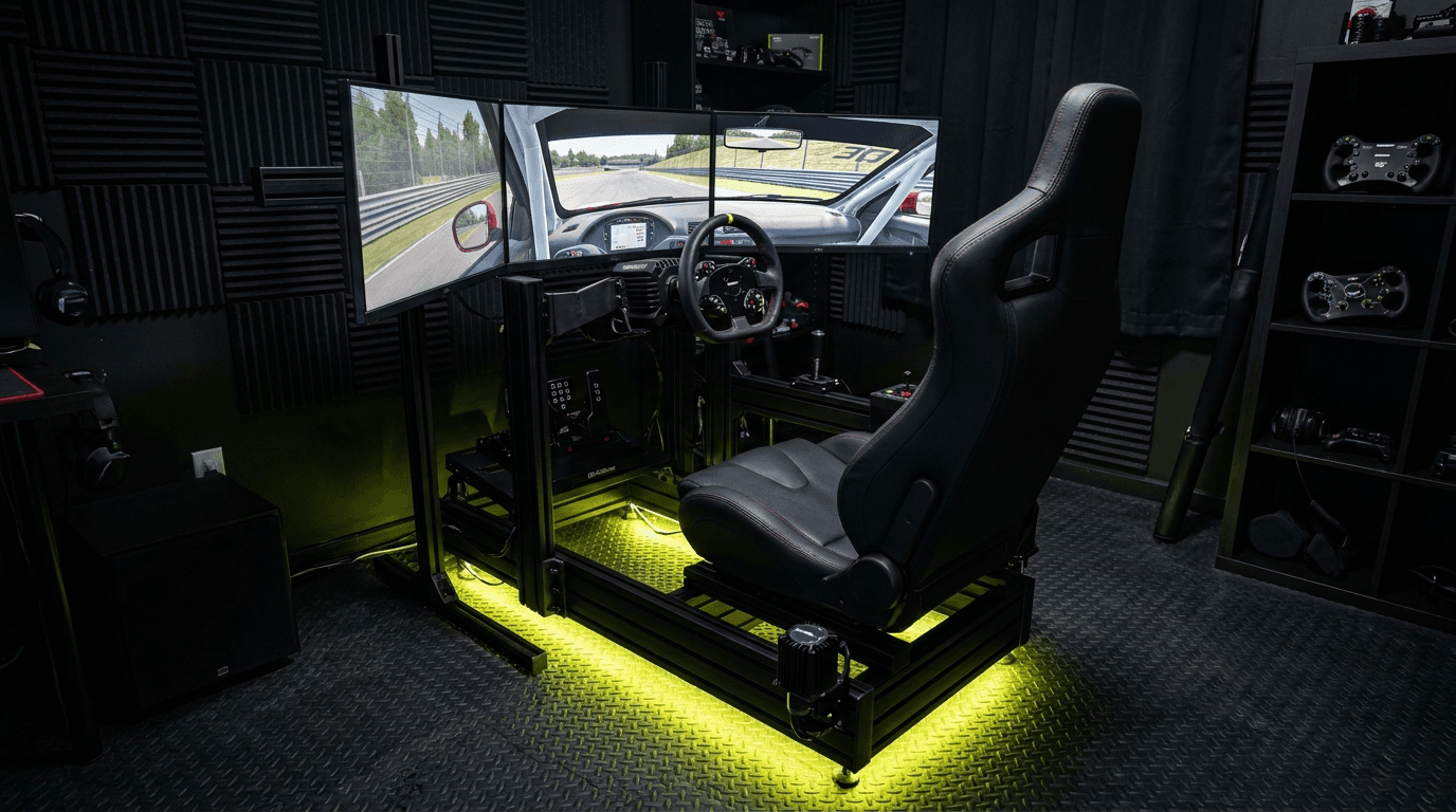 A glowing SKION sim rig in a dark room